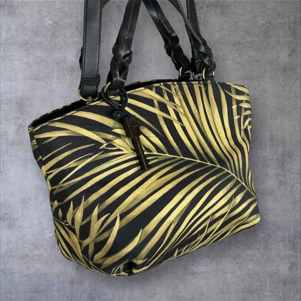 Vintage Y2K Fossil Handbag Fan Palm Print Crossbody Double Handle Satchel Tote